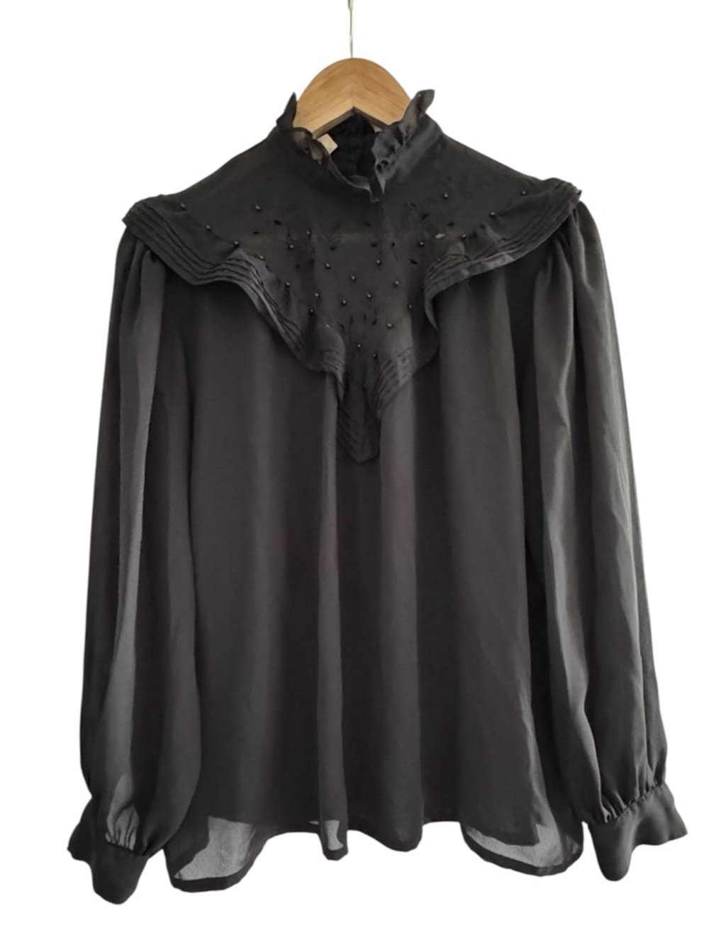 Vintage Romantic Sheer Black Blouse Prairie Goth High Neck Beaded